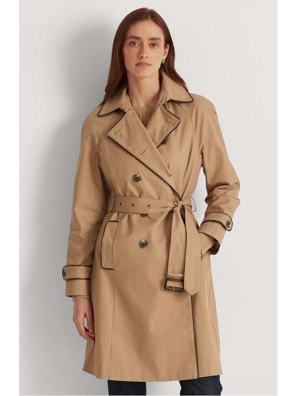 Lauren Ralph Lauren Black Label Belted Double Breasted Trench Coast Sand Large
